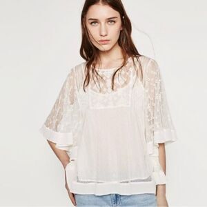 Zara Sheer Mesh Embroidered Floral Lace Batwing Cape Sleeves Layering Tank Tee S